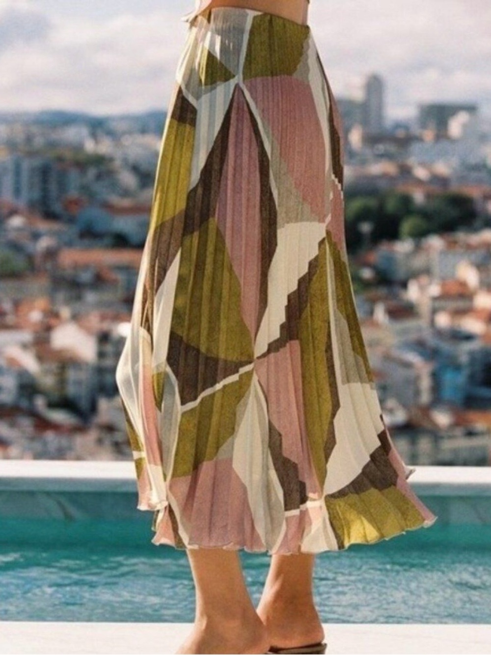 Zara Olive, Pink & Cream Pleated Midi Skirt